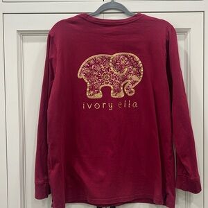 Ivory Ella long sleeved t shirt. Burgundy Red Size Large. With gold design.